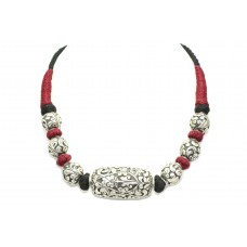 Handcrafted Necklace 925 Sterling Silver Tribal Temple Jewelry Black Red Thread